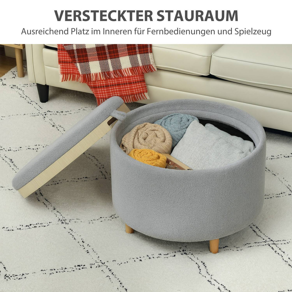 Stool upholstered stool, teddy fleece, hidden storage space, reversible lid, 56 cm x 56 cm x 42 cm, grey