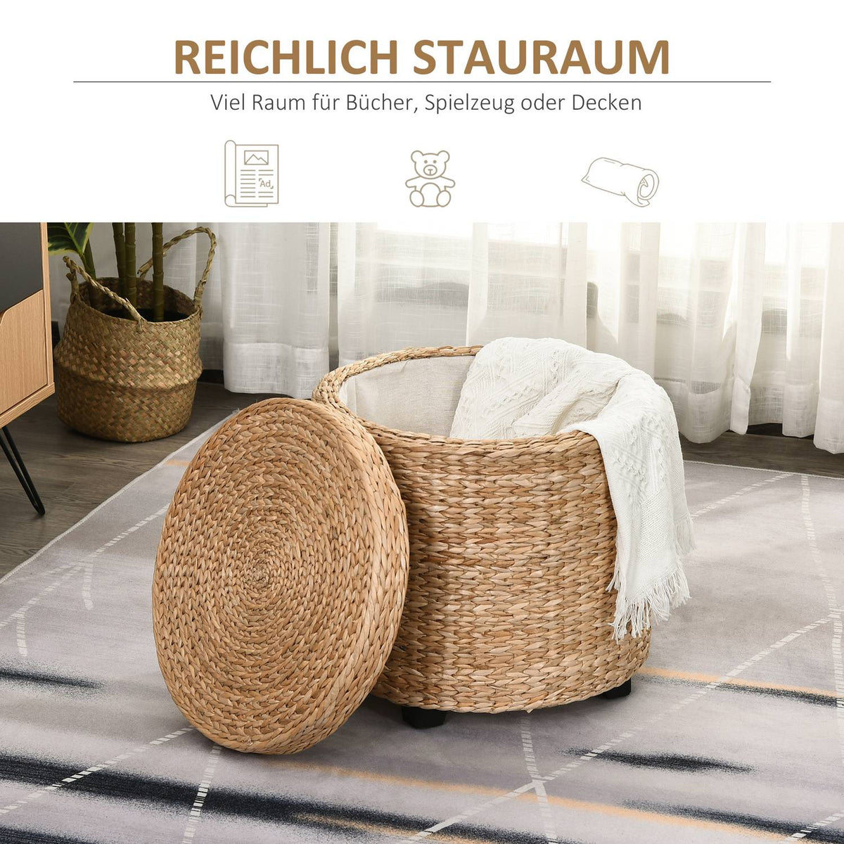 Stool with storage space Footstool with storage box, removable lid, straw rattan, khaki, Ø43x43cm
