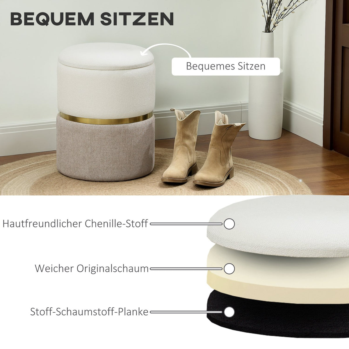 Stool with storage space Stool with lid, metal ring, two-tone design 36 x 36 x 44 cm Cream white