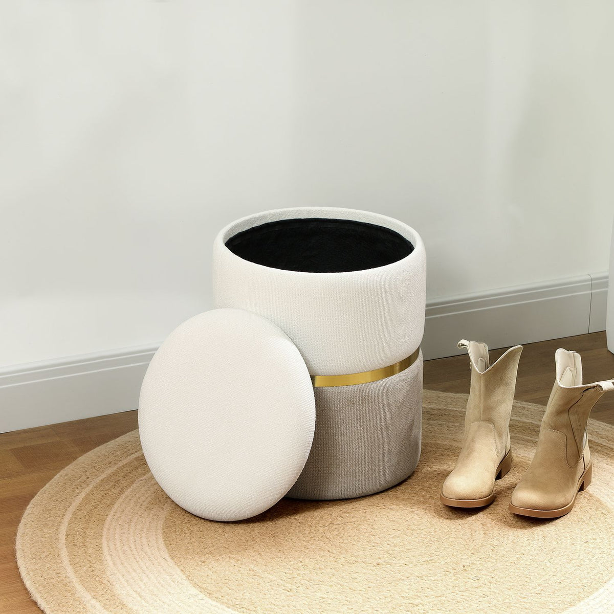 Stool with storage space Stool with lid, metal ring, two-tone design 36 x 36 x 44 cm Cream white