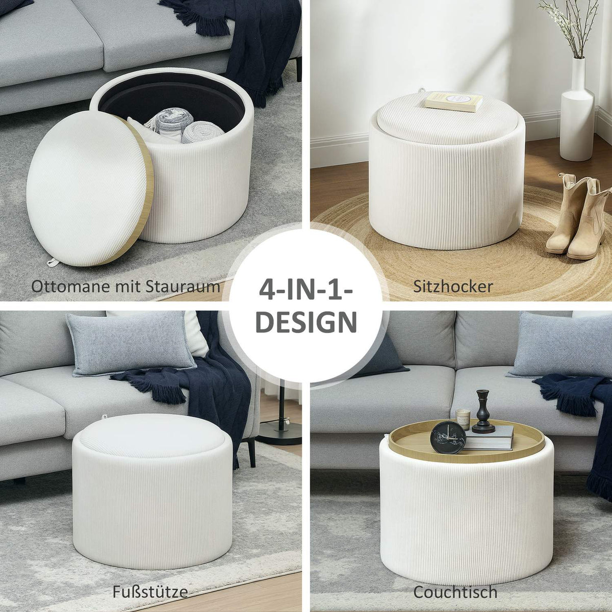 Stool with storage space stool with lid, round footstool upholstered stool coffee table with cord look 56 x 56 x 42 cm cream white |