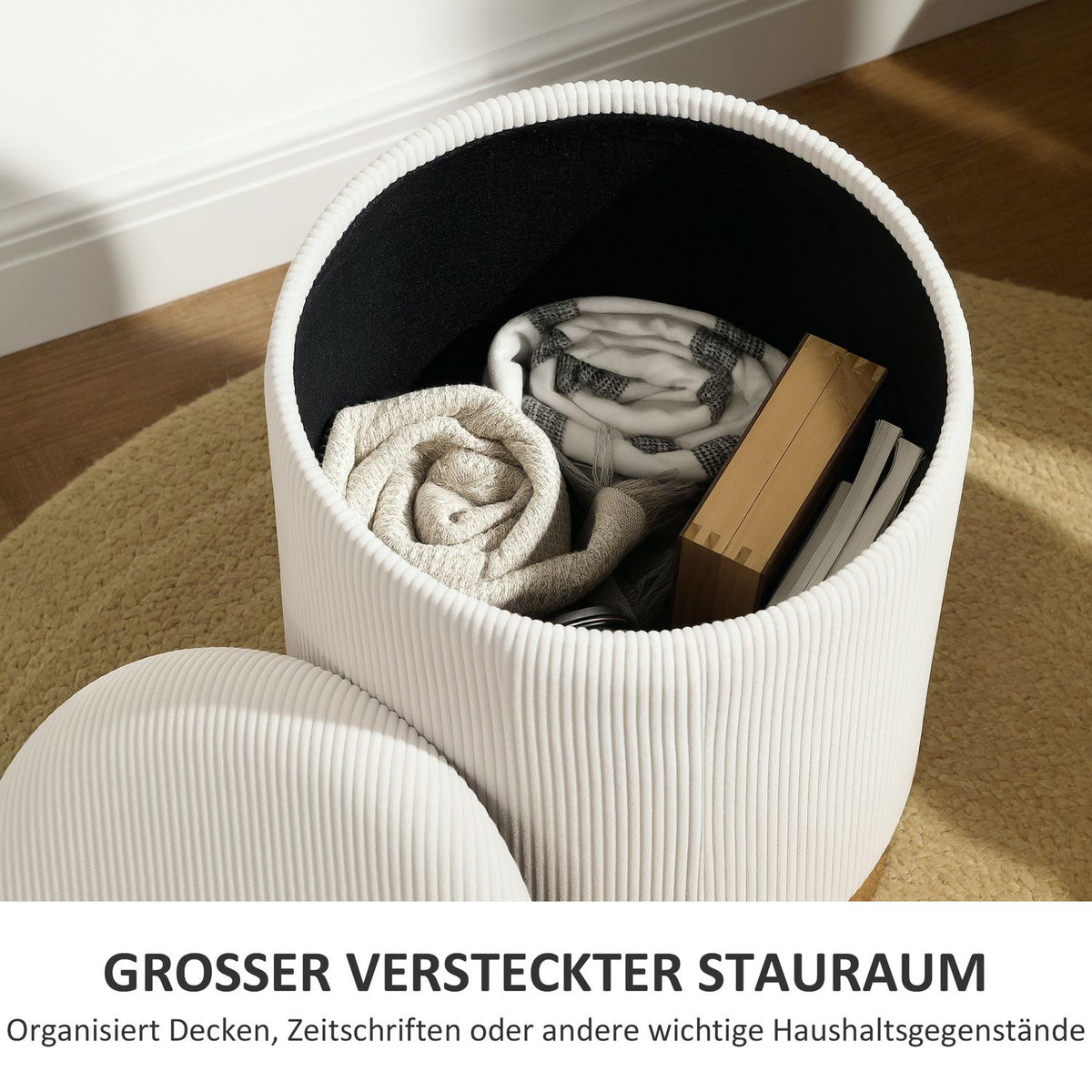 Stool with storage space stool with lid, steel base, round footstool upholstered stool with foot pads, cord look 36 x 36 x 44 cm cream white |