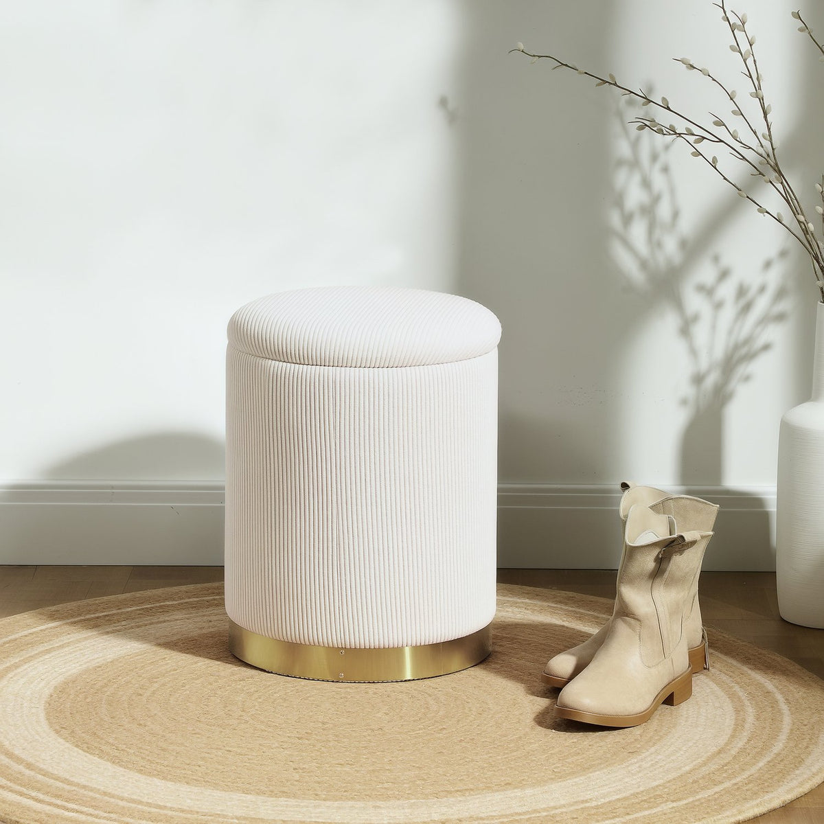 Stool with storage space stool with lid, steel base, round footstool upholstered stool with foot pads, cord look 36 x 36 x 44 cm cream white |
