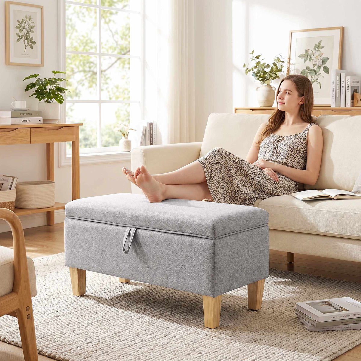 Storage Bench Ottoman, Linen-Look, Light Gray 71cm