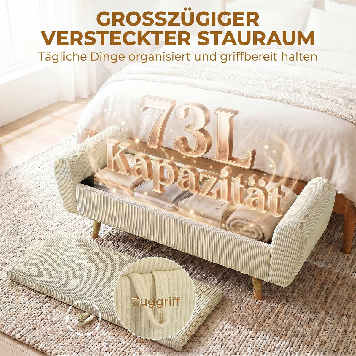 Storage Bench With Hidden Compartment, Beige Corduroy, 150 cm