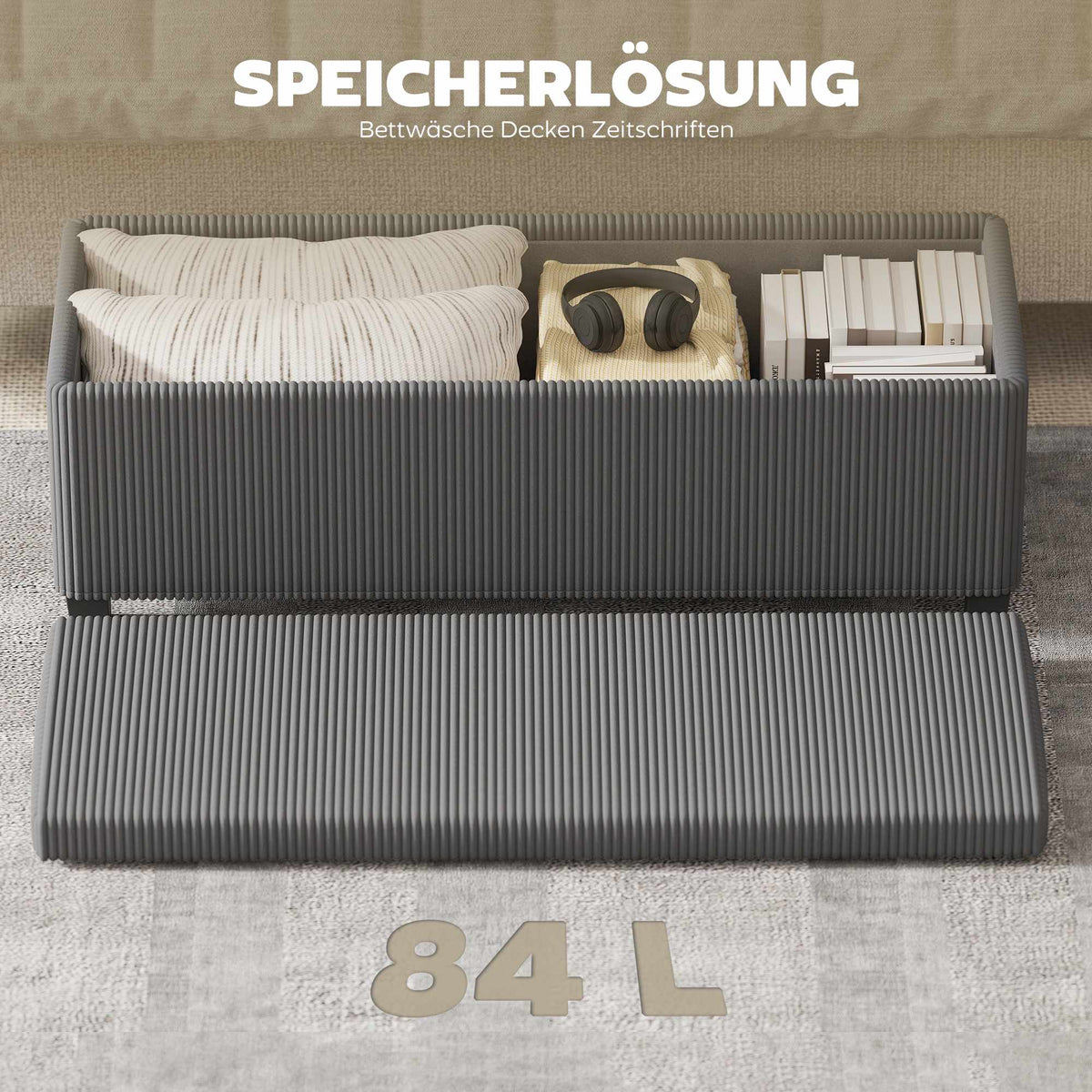 Storage Bench with Corduroy Upholstery, 84L, Grey