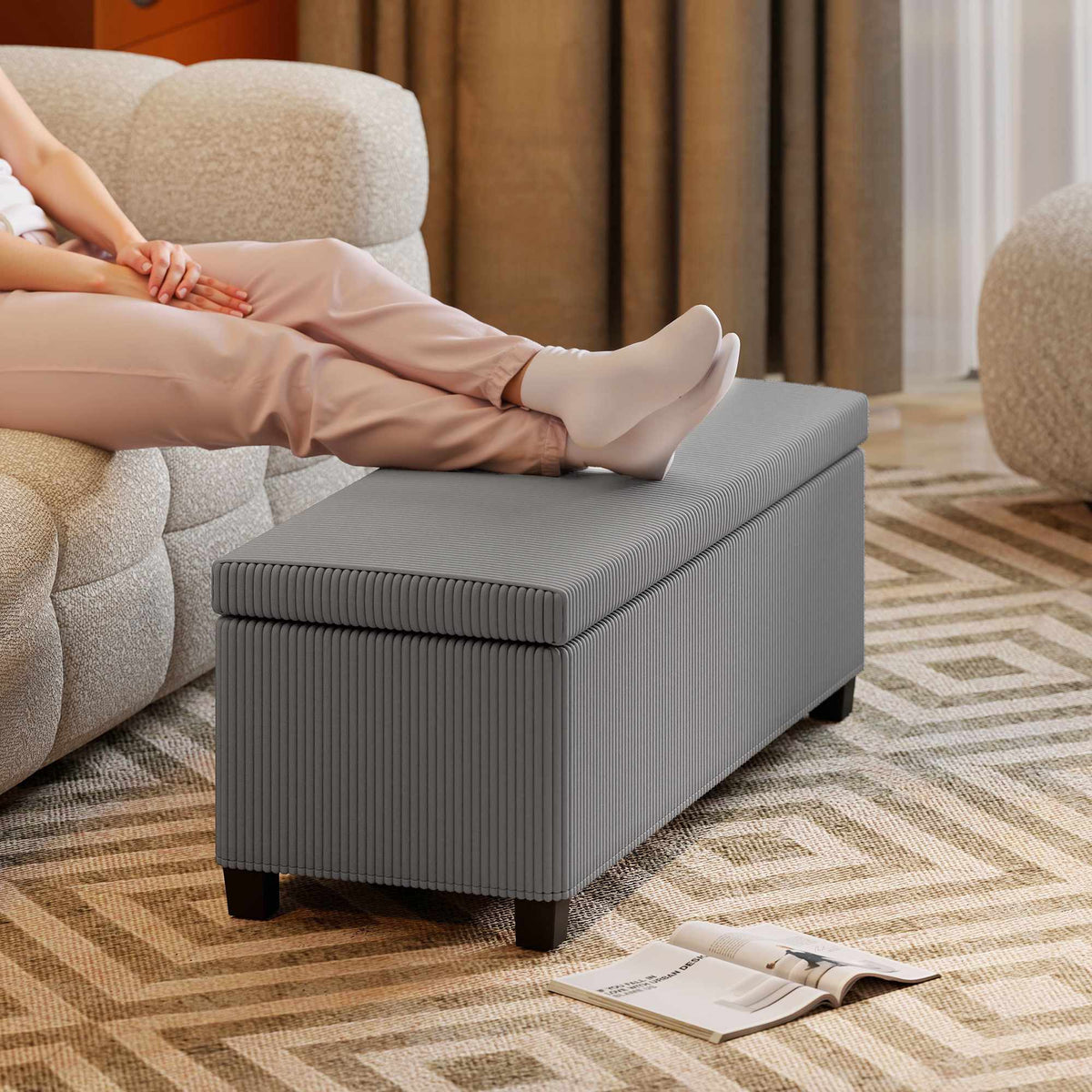Storage Bench with Corduroy Upholstery, 84L, Grey