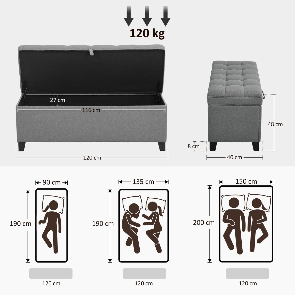 Storage Bench with Cushion, 120x40x48 cm, Dark Grey Linen