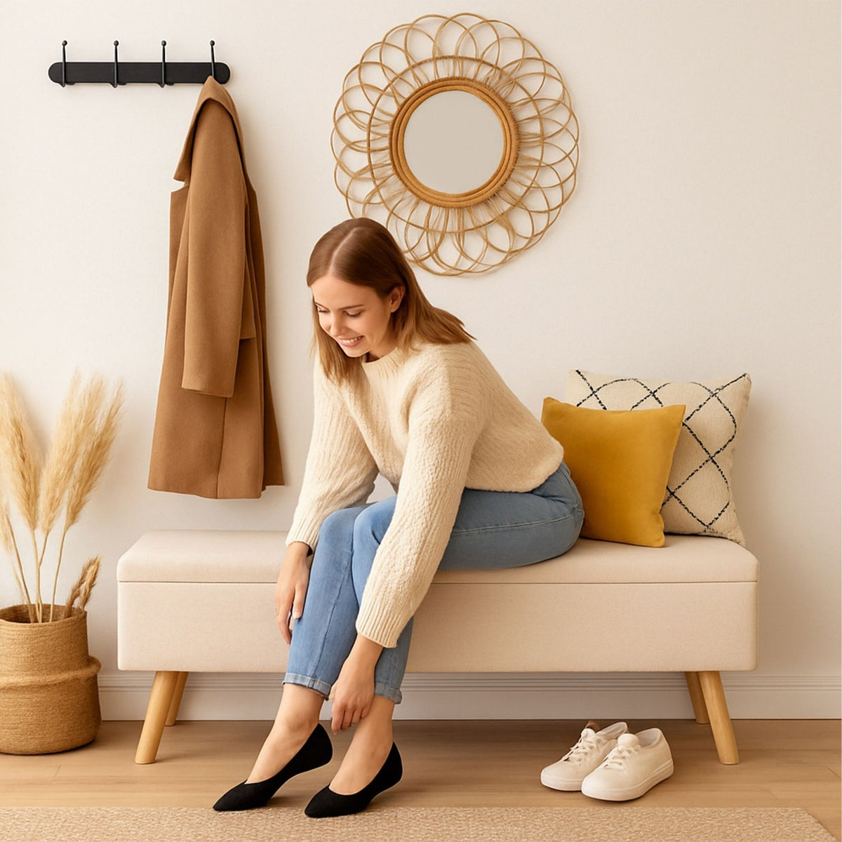 Storage Bench with Linen Upholstery, Wooden Legs