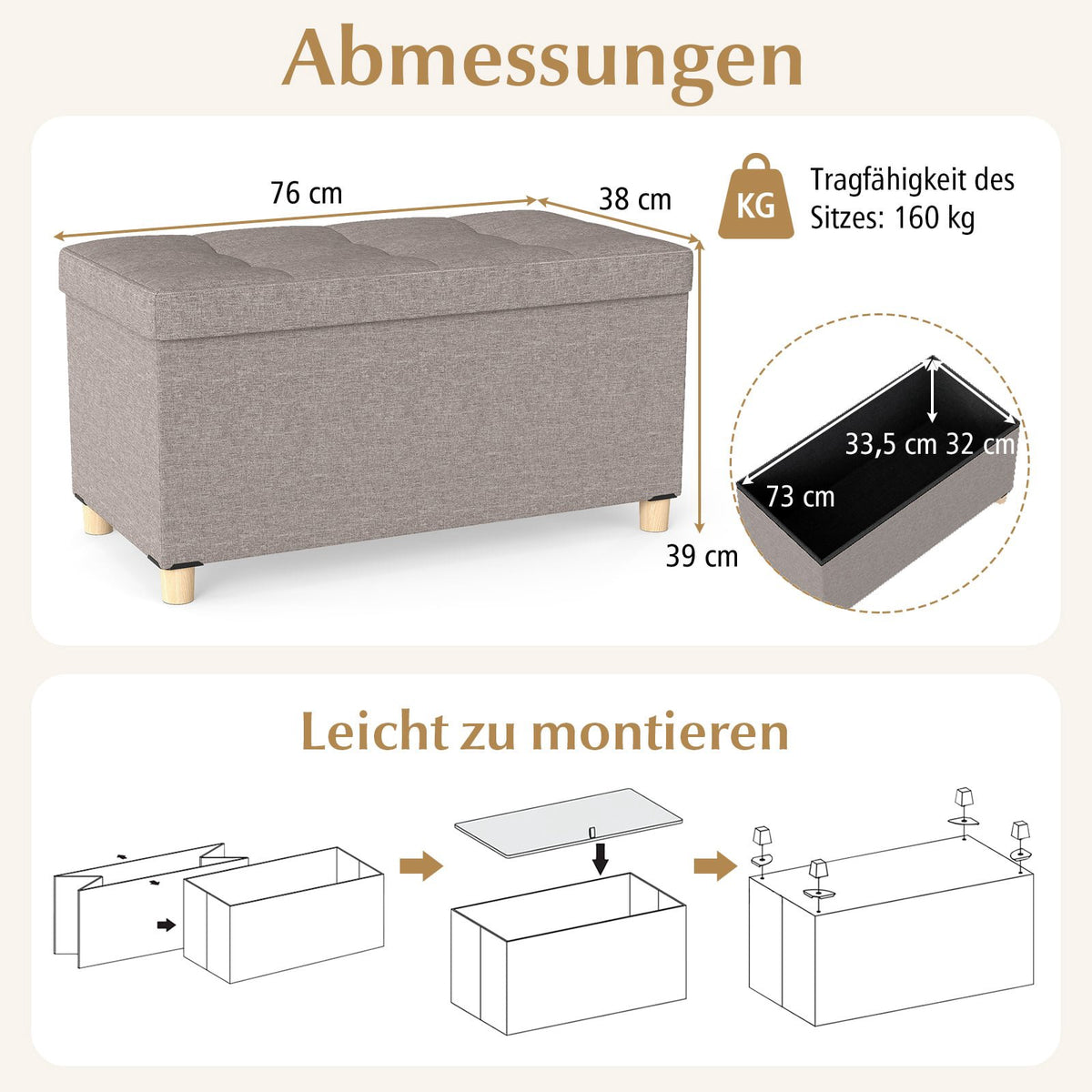 Storage Bench with Tray, Linen, 76 cm, 78L Capacity, Grey