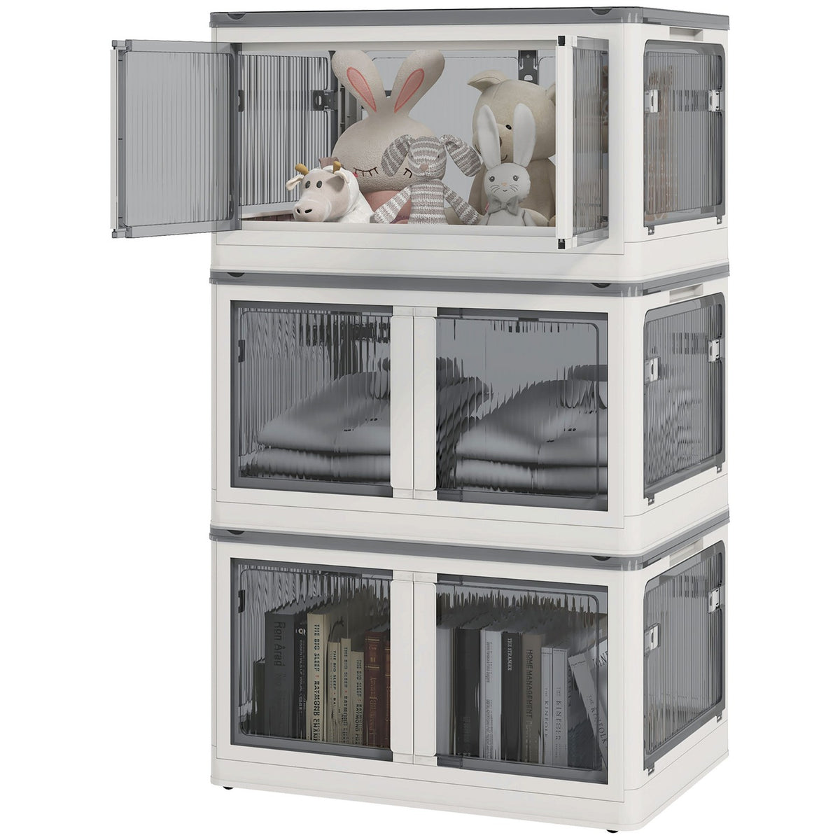 Storage Box 69L Stackable Chest With Wheels, Foldable, 5-Sided Access, White