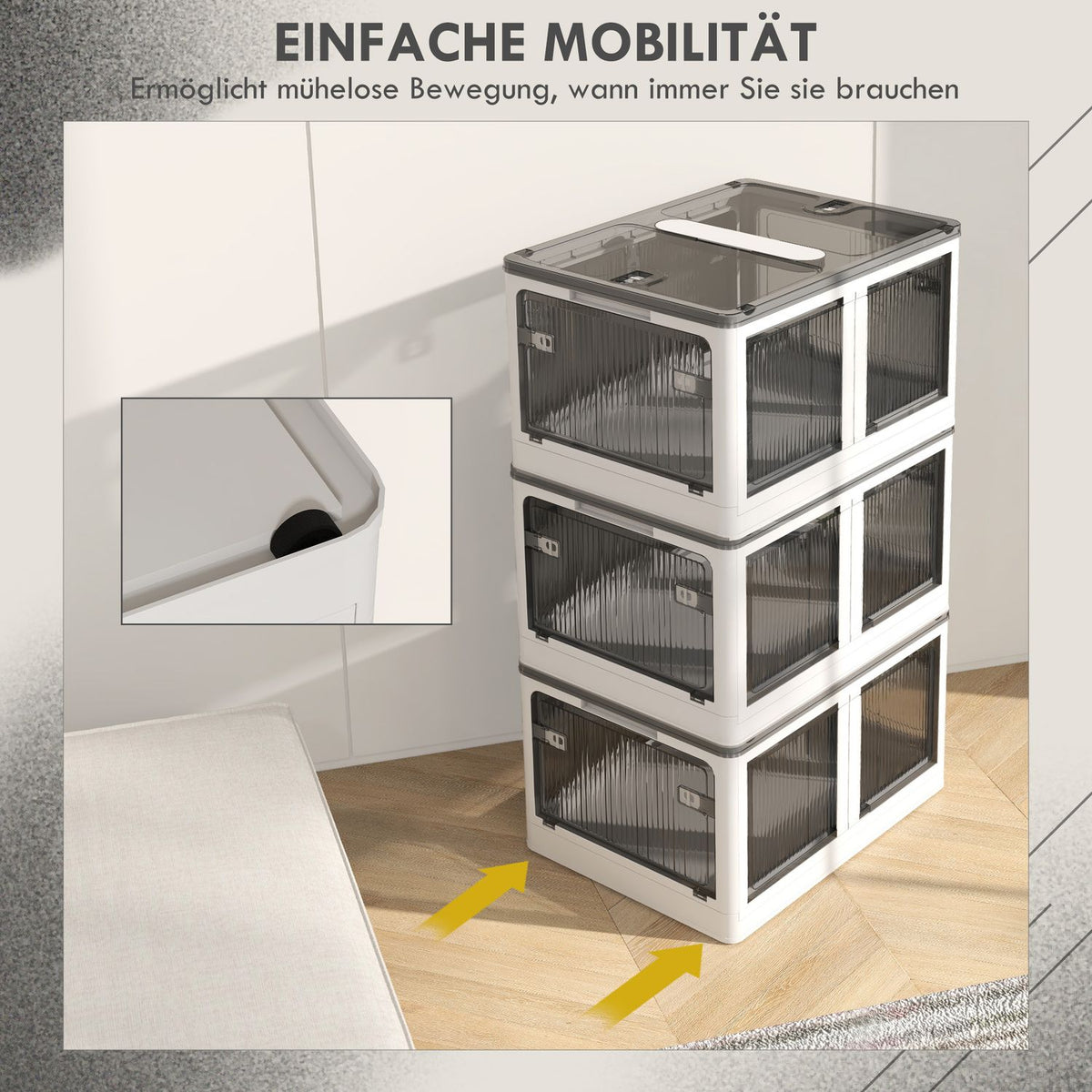 Storage Box 69L Stackable Chest With Wheels, Foldable, 5-Sided Access, White