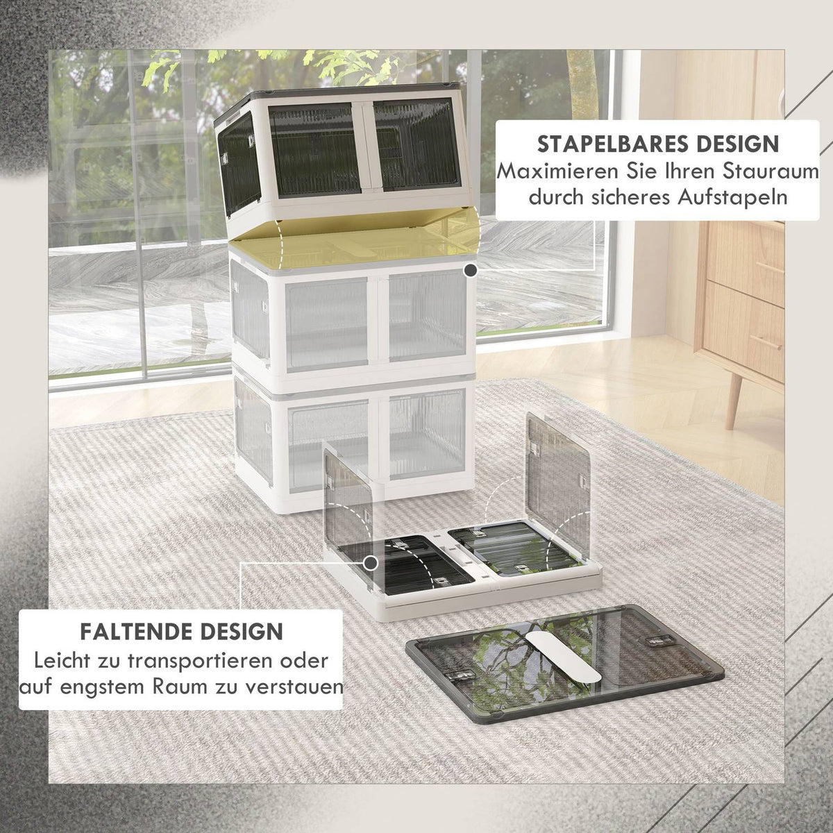 Storage Box 99L Stackable Chest With Wheels, Foldable, 5-Sided Access, White
