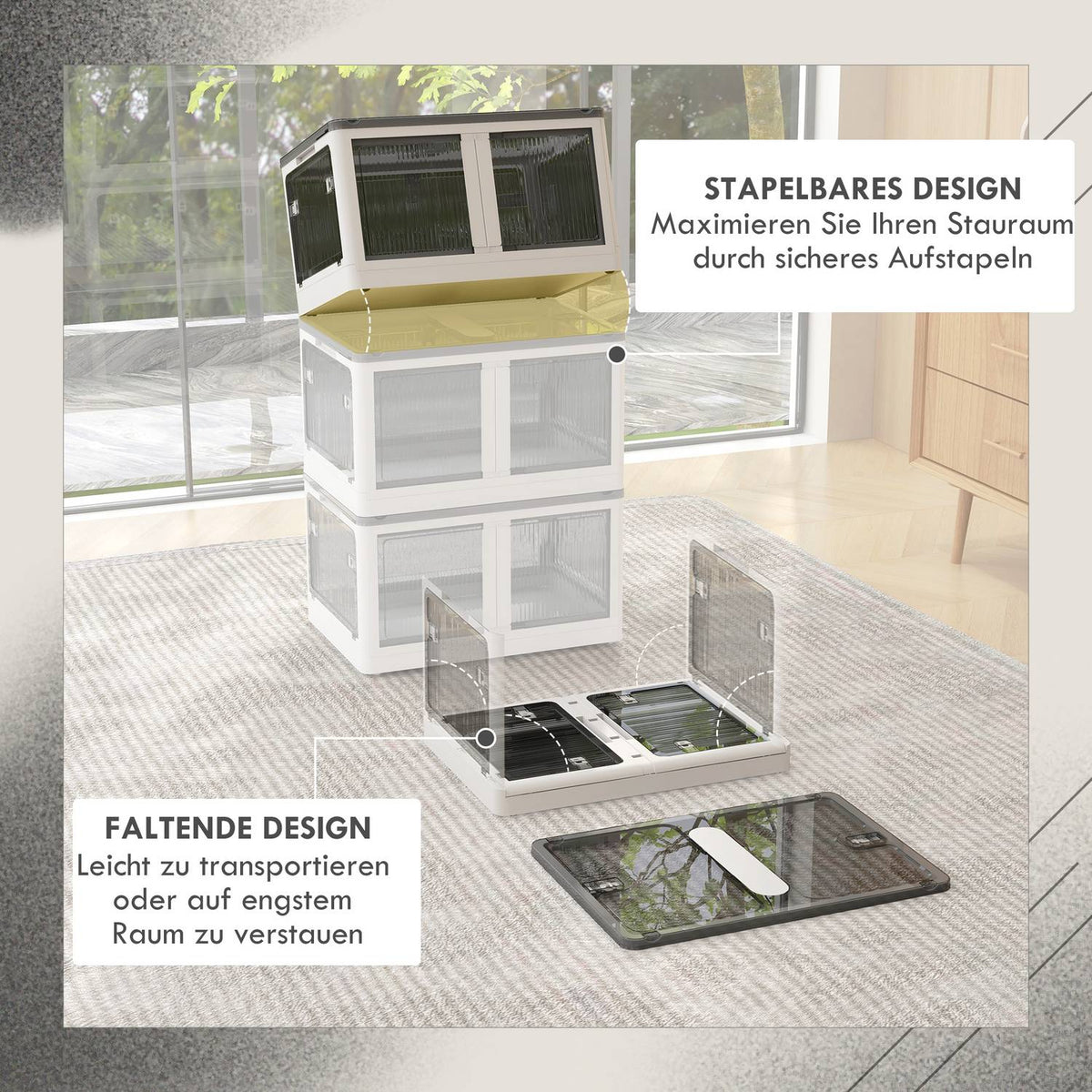 Storage Box Chest 69L Stackable Storage Box With Wheels, Foldable Storage Box, 5-Sided Access, White