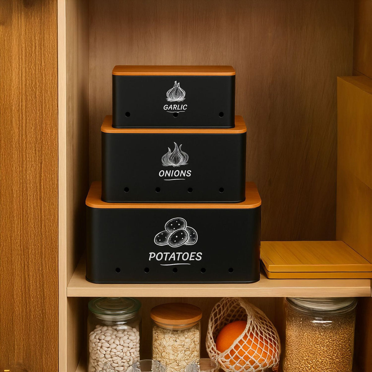 Storage Box Set, 3 Pcs, Metal with Bamboo Lids