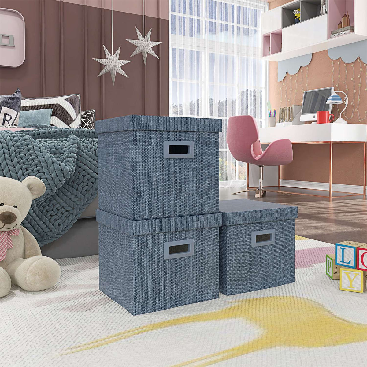 Storage Box Set of 3 Stackable Storage Cubes, Foldable Storage Box for Living Room, Bedroom, 30 x 30 x 29 cm, Blue