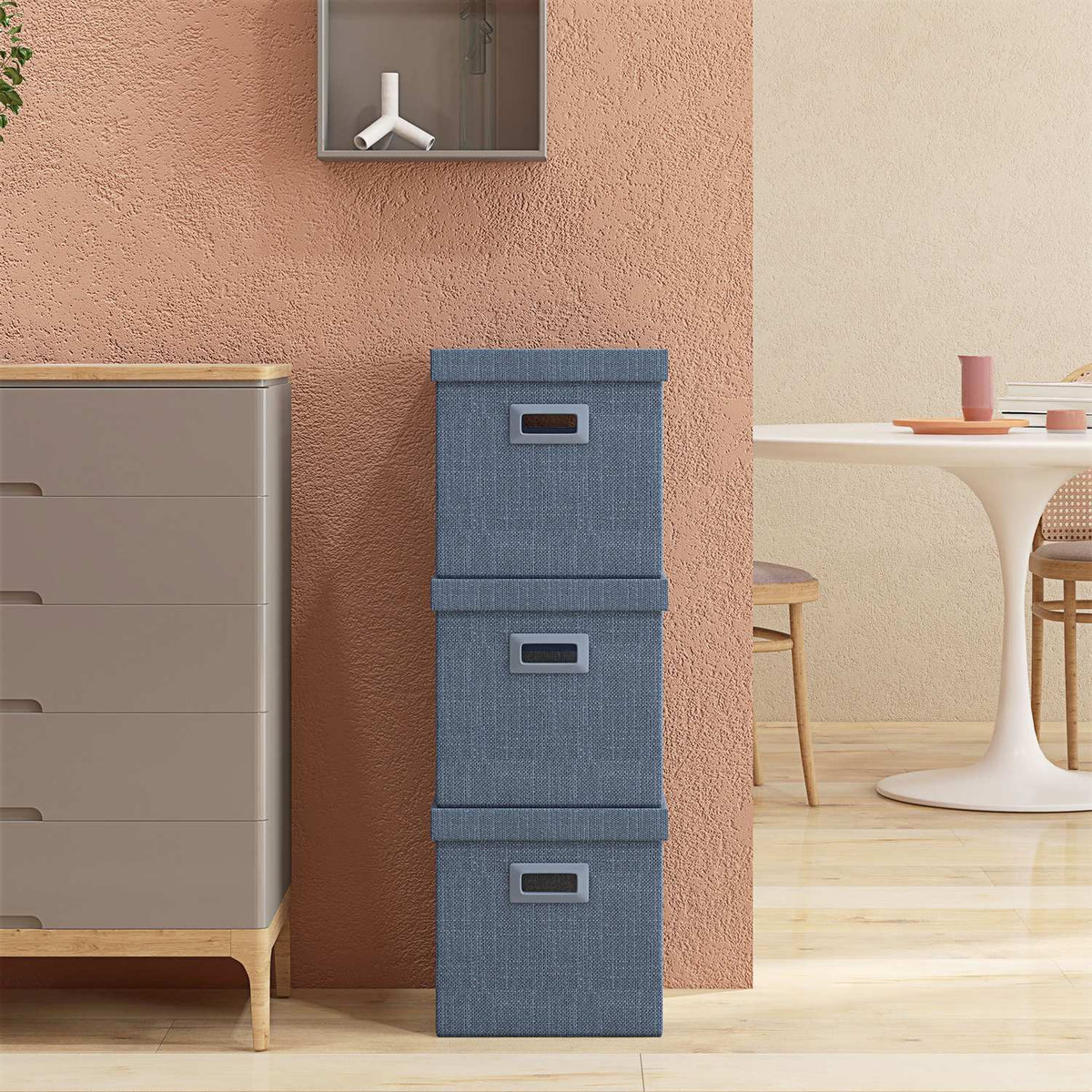 Storage Box Set of 3 Stackable Storage Cubes, Foldable Storage Box for Living Room, Bedroom, 30 x 30 x 29 cm, Blue