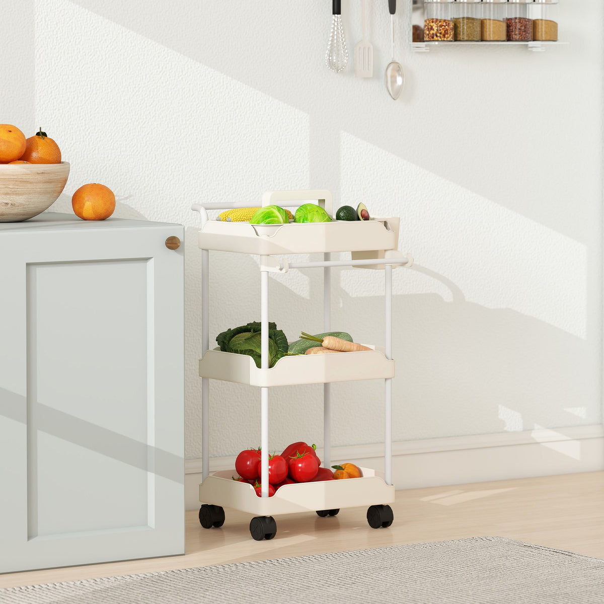 Storage Cart with 3 Baskets, Towel Holder, Wheels, White