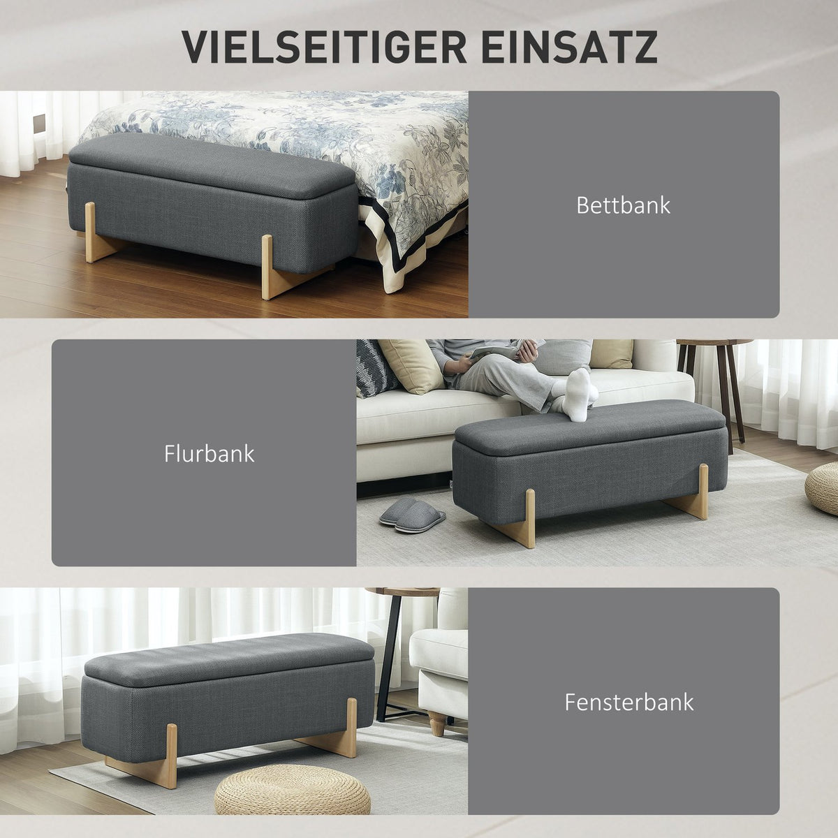 Storage Ottoman Bench, Foam Cushion, Dark Grey, 111x44x44.5 cm