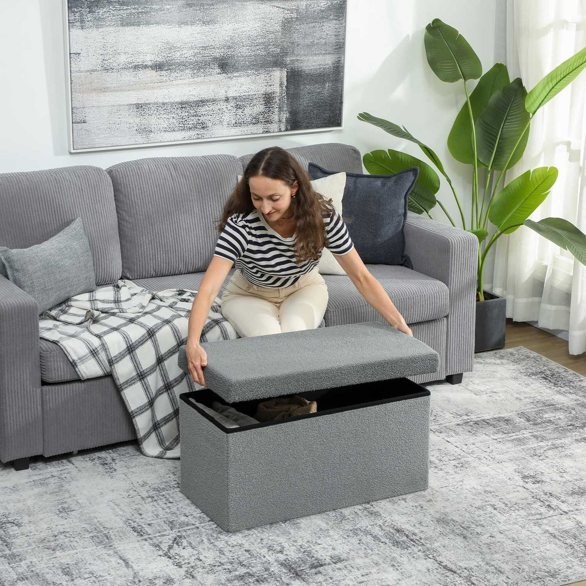 Storage Ottoman, Upholstered Bench with Lid, Dark Gray