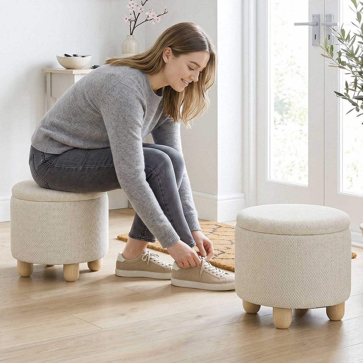 Storage Ottoman with Reversible Lid, Beige Linen, 38.5x33.5 cm