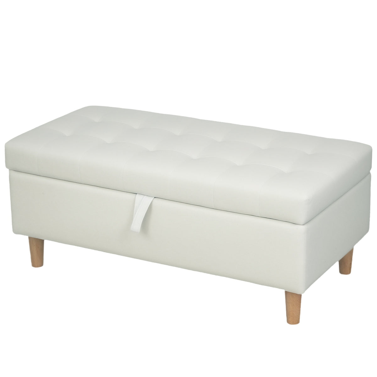 Storage Ottoman with Soft Fabric, Wooden Legs, Cream White