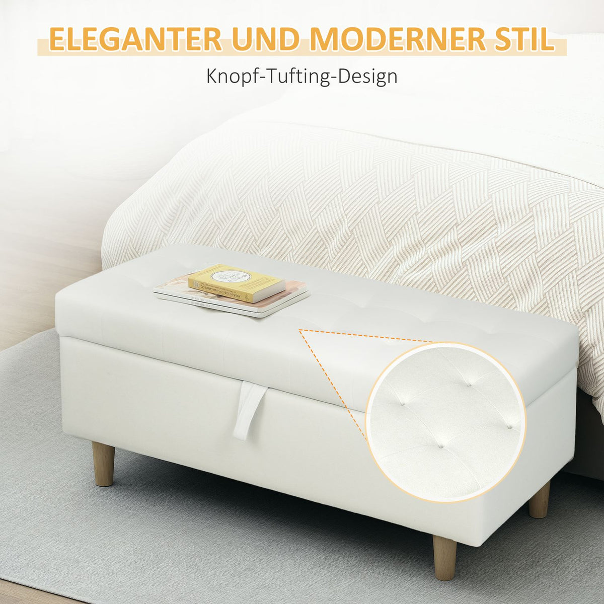 Storage Ottoman with Soft Fabric, Wooden Legs, Cream White