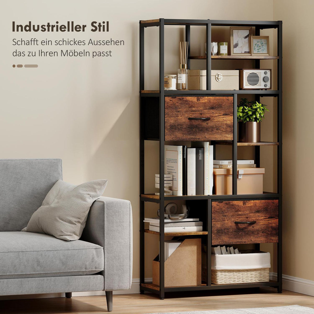 Storage Shelf with 2 Fabric Drawers, 9 Open Compartments
