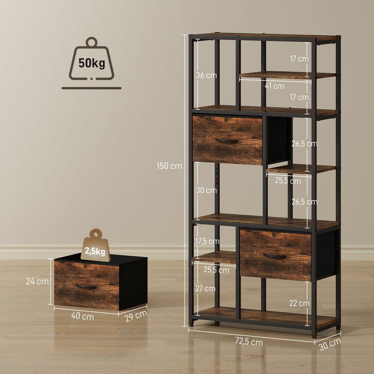 Storage Shelf with 2 Fabric Drawers, 9 Open Compartments