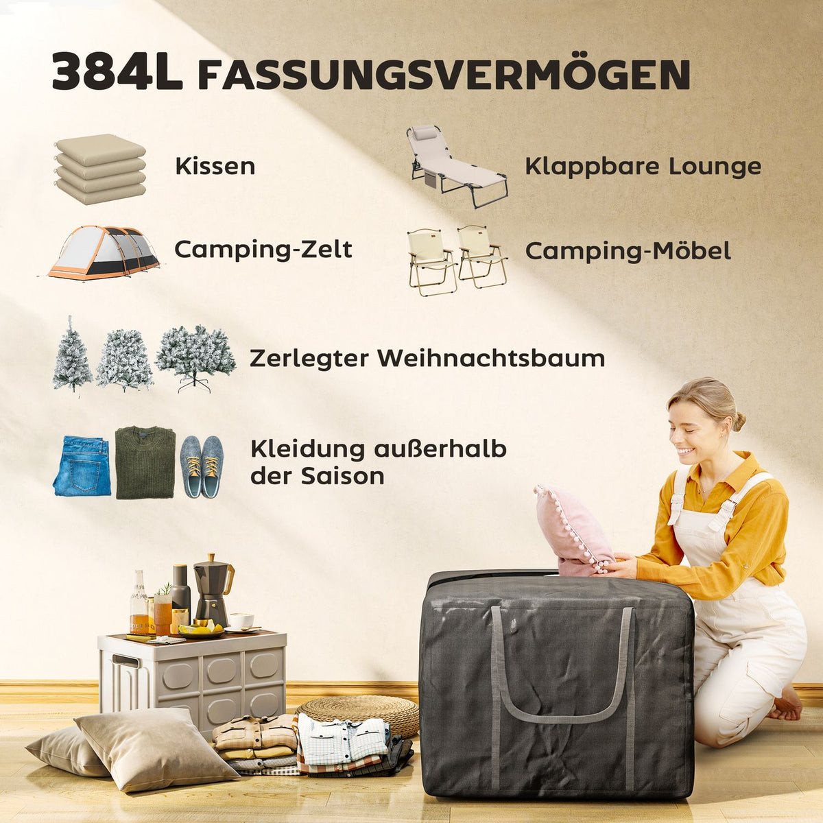 Storage bag 600D Oxford, 384L carrying bag can hold up to 60kg, UV30+ waterproof storage bag, for camping and traveling, 80 x 80 x 60 cm, black
