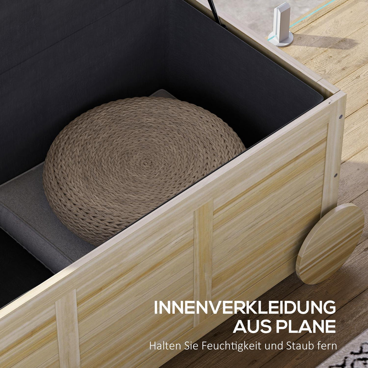Storage box 185 L storage space, waterproof garden box with wheels, wood, weatherproof, UV-resistant, cushion box, storage box, garden chest for outdoor garden, balcony, natural wood