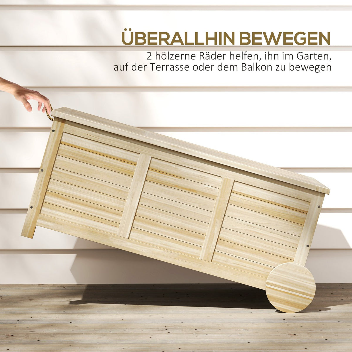 Storage box 185 L storage space, waterproof garden box with wheels, wood, weatherproof, UV-resistant, cushion box, storage box, garden chest for outdoor garden, balcony, natural wood