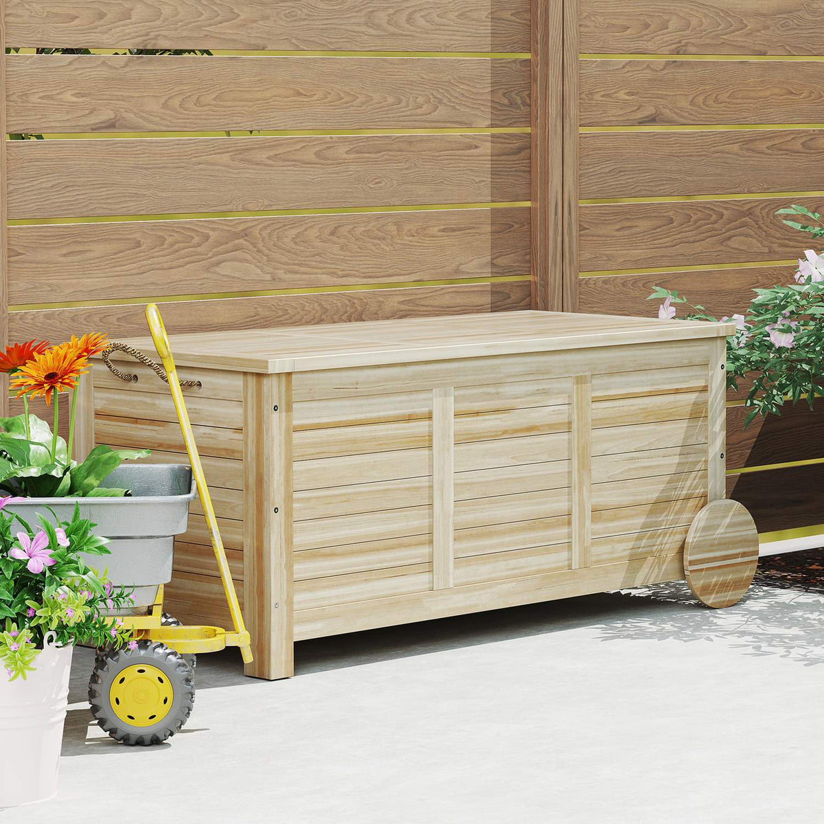 Storage box 185 L storage space, waterproof garden box with wheels, wood, weatherproof, UV-resistant, cushion box, storage box, garden chest for outdoor garden, balcony, natural wood