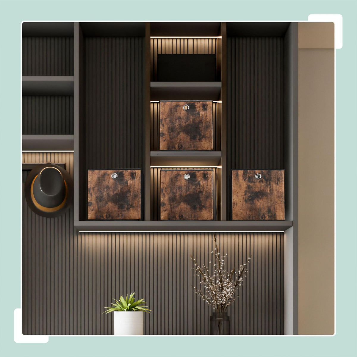 Storage box in fabric with a wooden look, 6-pack