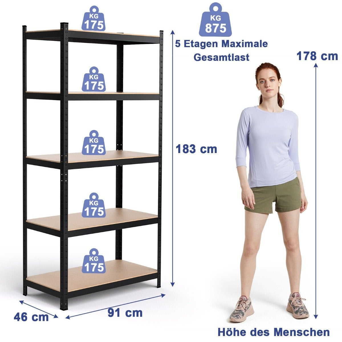 Storage shelf, heavy-duty shelf, plug-in shelf, metal shelf, 5 levels, workshop shelf, 91 x 46 x 183 cm, black