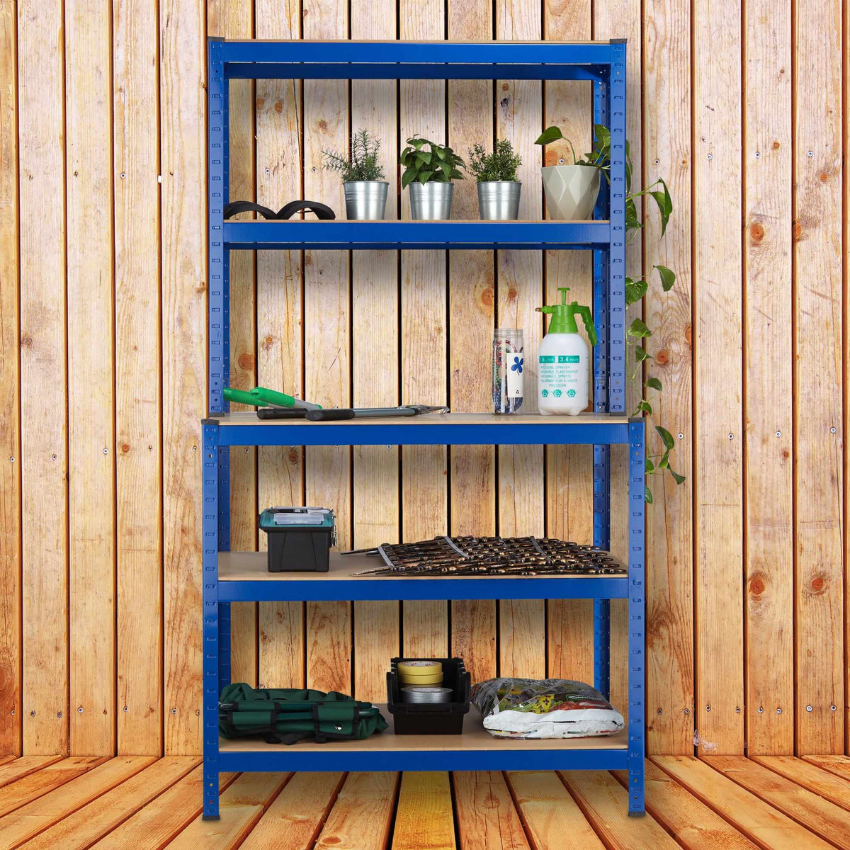 Storage shelf with workbench blue