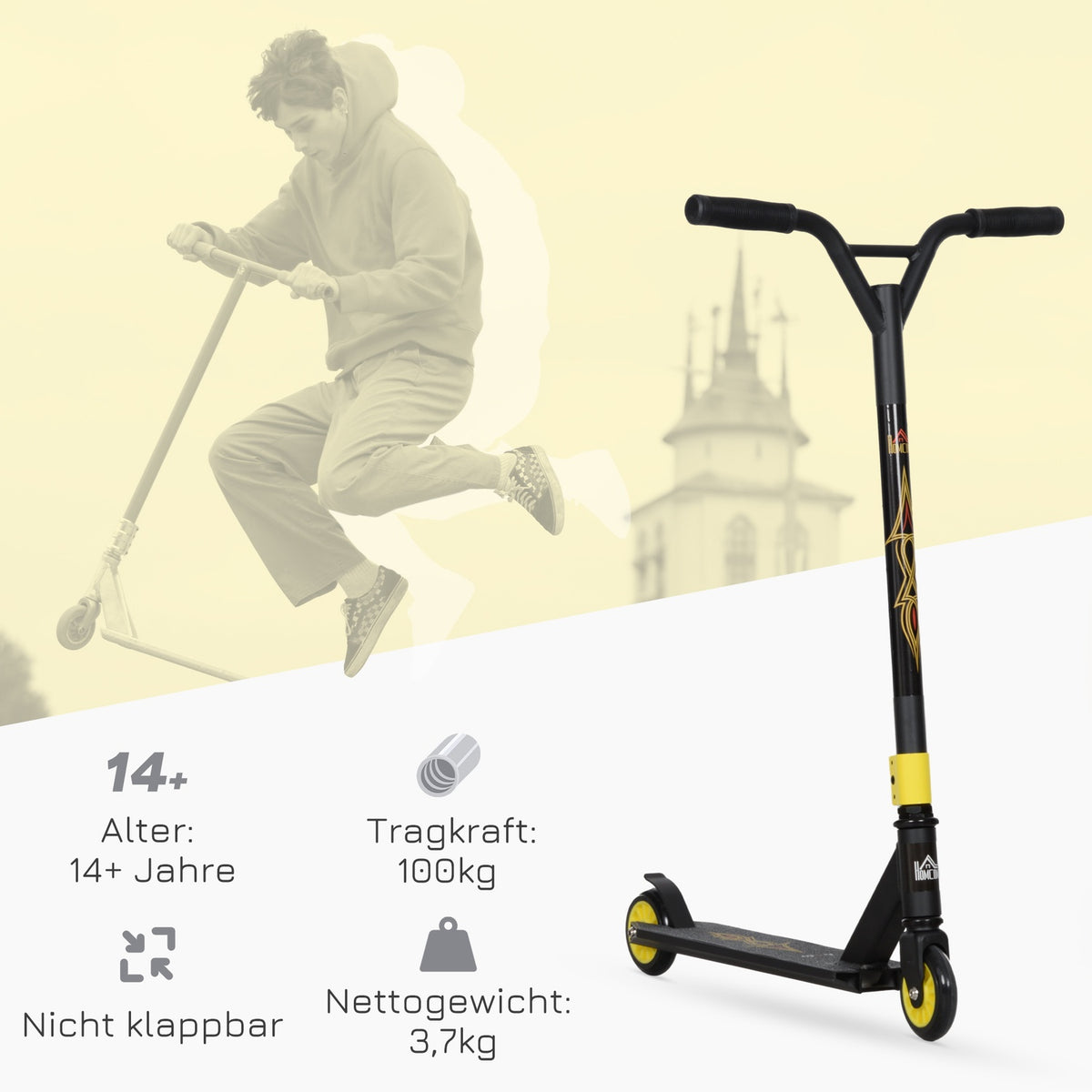 Stunt scooter, fun scooter, stunt scooter with ABEC 9 ball bearings, kick scooter with 100 mm imitation leather wheels, kick scooter, city scooter, trick scooter for children aged 14 and over