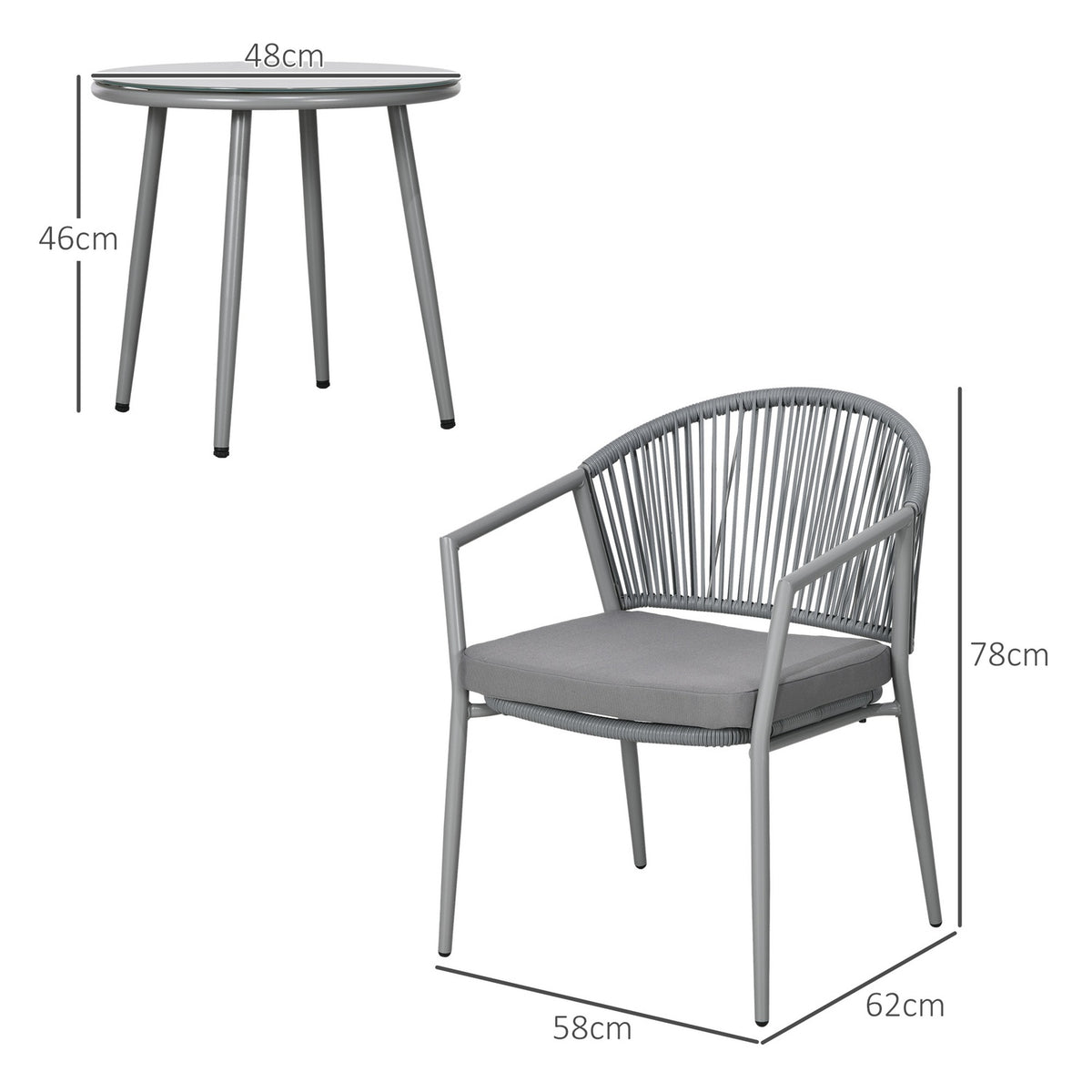Stylish Seating Group 2 Garden Chairs Coffee Table Balcony Furniture Set Steel Frame Gray