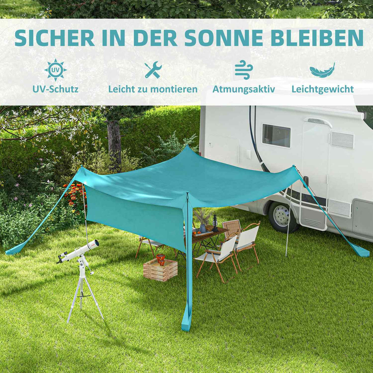 Sun Canopy Waterproof Awning 3X3X2M With Steel Poles, Shovel & Carry Bag, For Camping, Travel, Picnics