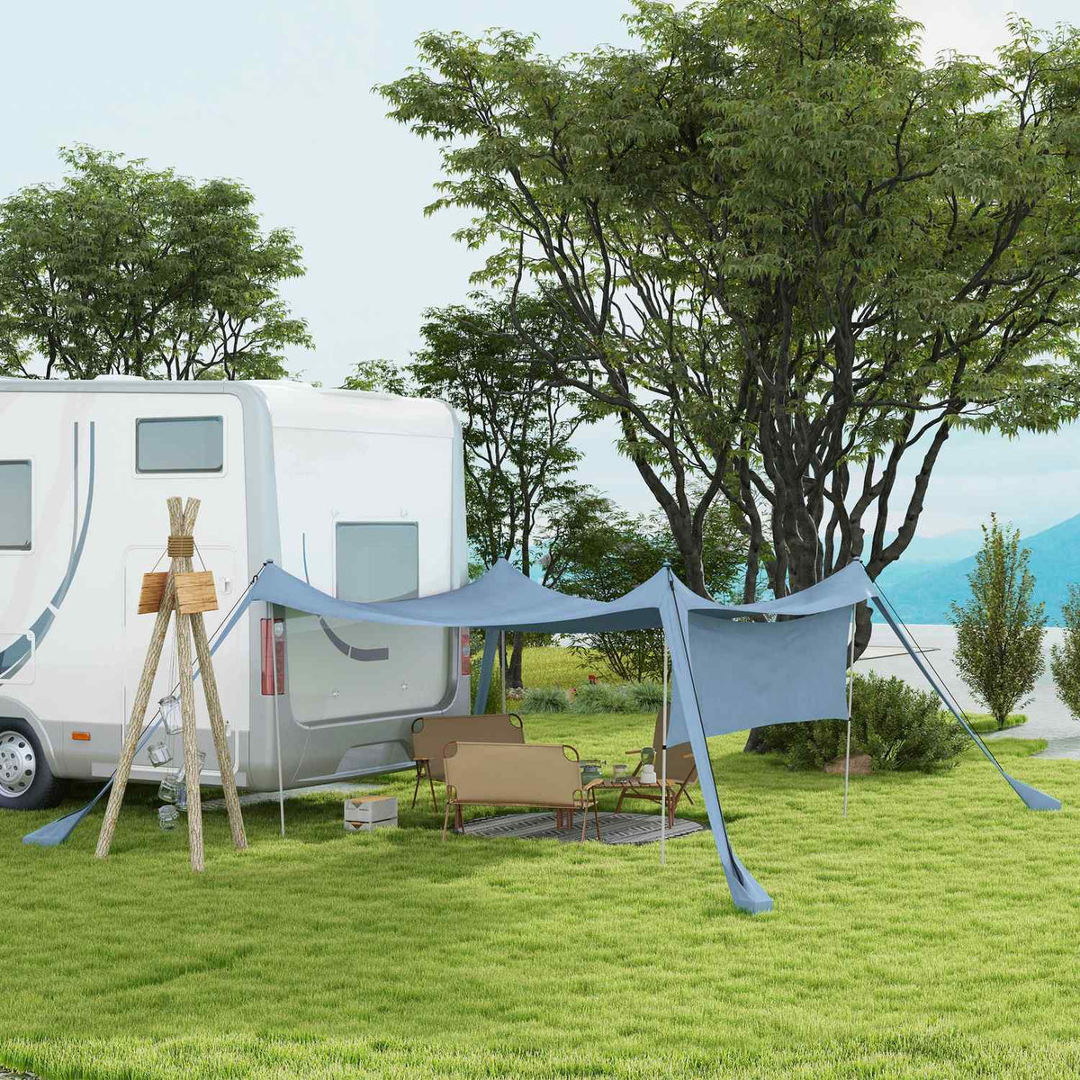 Sun Canopy Waterproof Awning With Steel Poles, Shovel & Carry Bag For Camping, Travel, Picnics, Blue