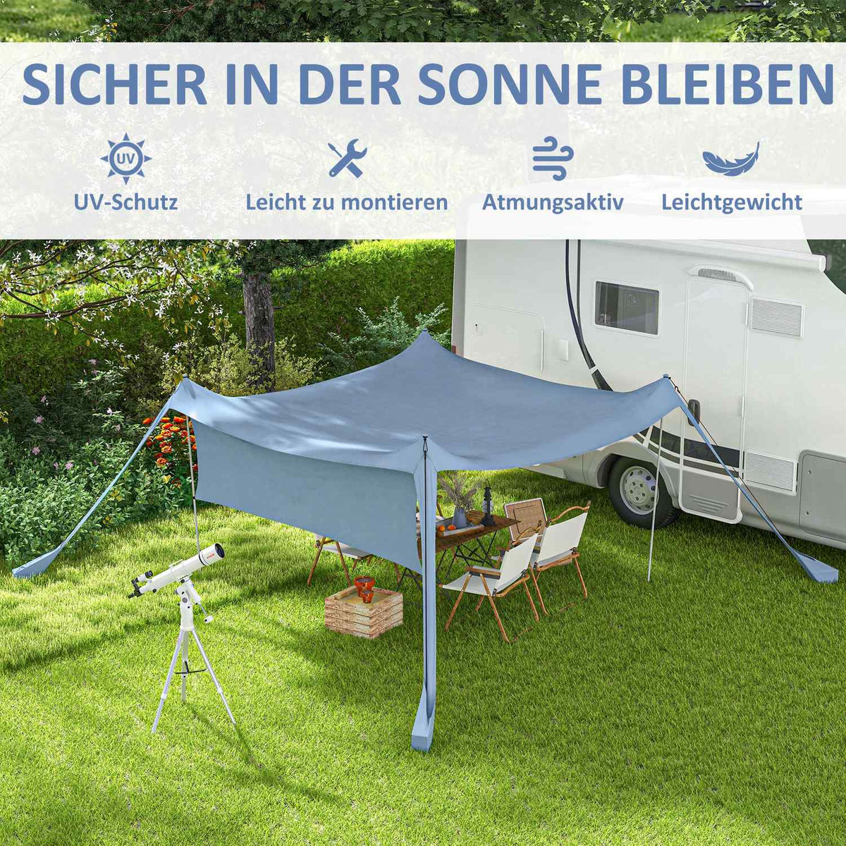 Sun Canopy Waterproof Awning With Steel Poles, Shovel & Carry Bag For Camping, Travel, Picnics, Blue