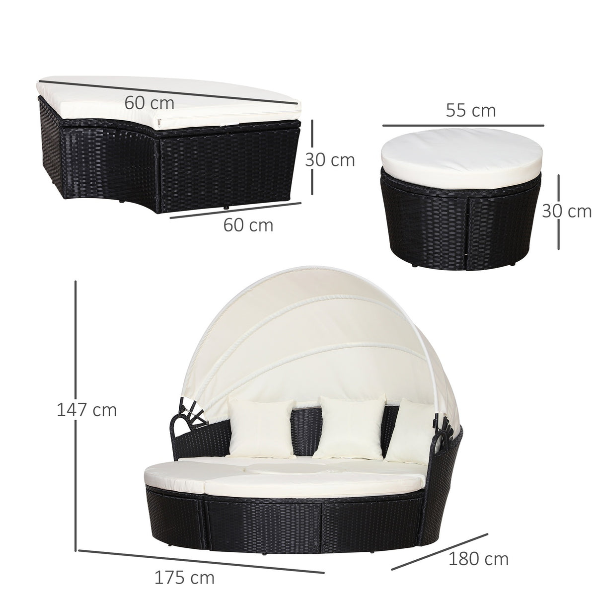 Sun Island Rattan Seating Group Lounge Group With Sun Canopy Cushions And Side Table Metal Cream 180 X 175 X 147 Cm
