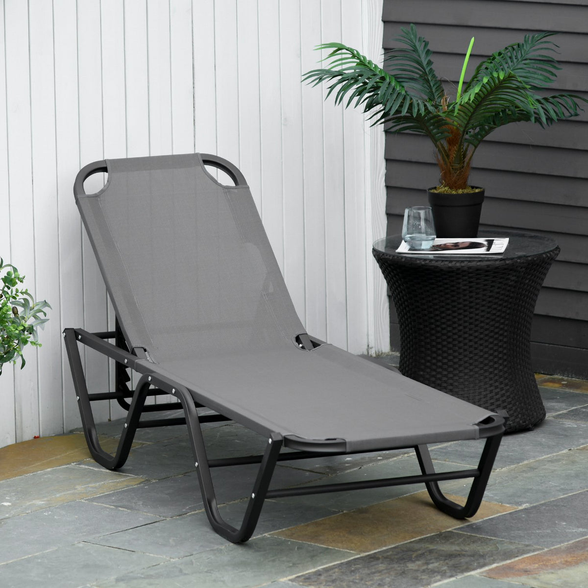 Sun Lounger Beach Lounger 5-Tier Aluminum Garden Lounger Relax Lounger Textline Gray + Black 163 X 58.5 X 91 Cm