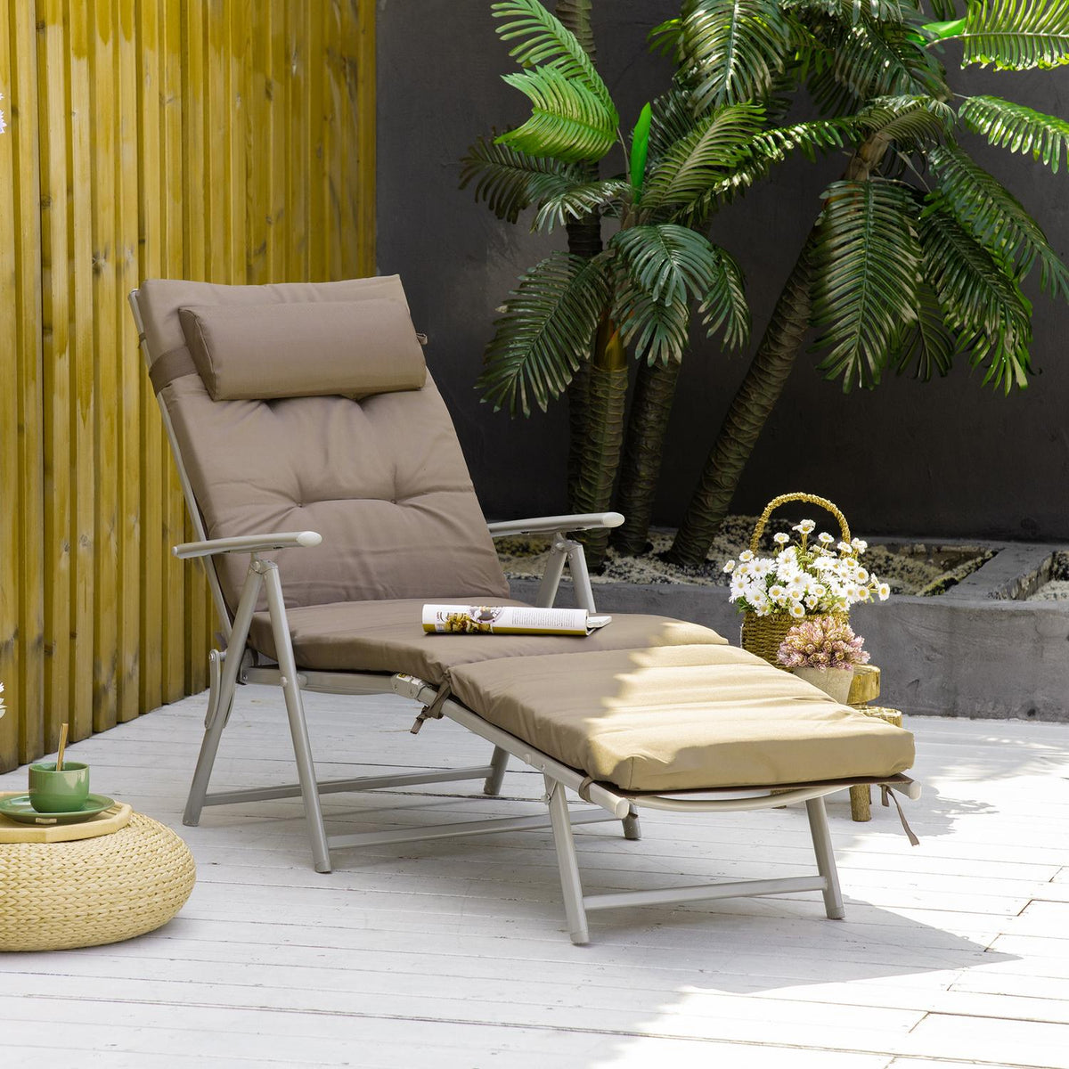 Sun Lounger Beach Lounger Garden Lounger Foldable Adjustable With Cushion Garden Metal Fabric Brown + Silver 137 X 63.5 X 100.5 Cm
