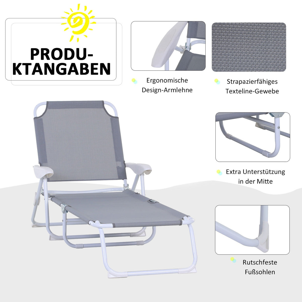 Sun Lounger Deck Chair Garden Lounger Folding Beach Lounger 4 Tier Mesh Gray 160 X 66 X 80 Cm