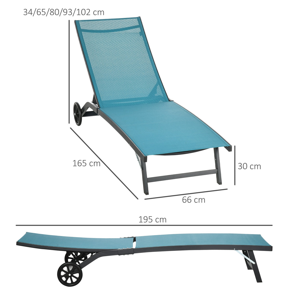 Sun Lounger, Deck Chair With Wheels, Relaxation Lounger With Adjustable Backrest, Garden Lounger, Polyester, Aluminum, Blue, 195 X 165 X 102 Cm