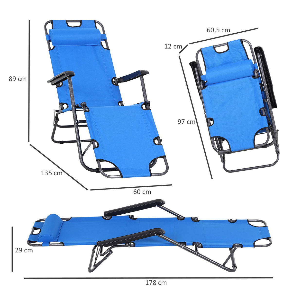 Sun Lounger Foldable Beach Lounger Cushion 2-Tier Garden Lounger Blue Metal Oxford Fabric 135X60X89Cm