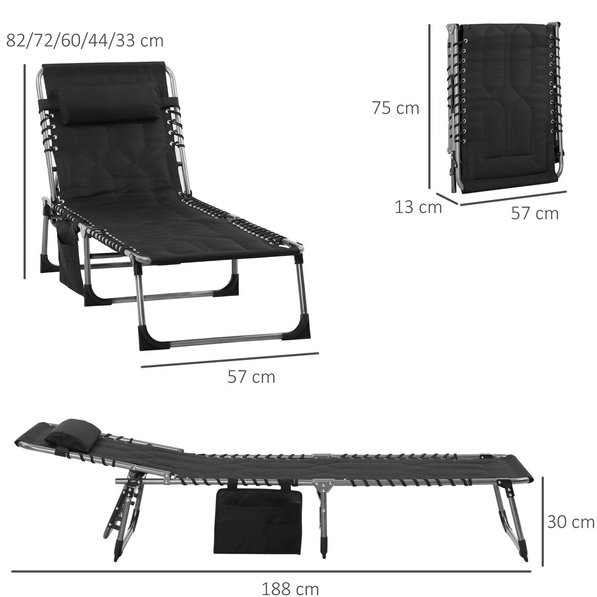 Sun Lounger Foldable Garden Lounger Folding Lounger With Cushion Garden 5 Level Backrest Adjustable Steel Oxford Fabric Black 188 X 57 X 30 Cm