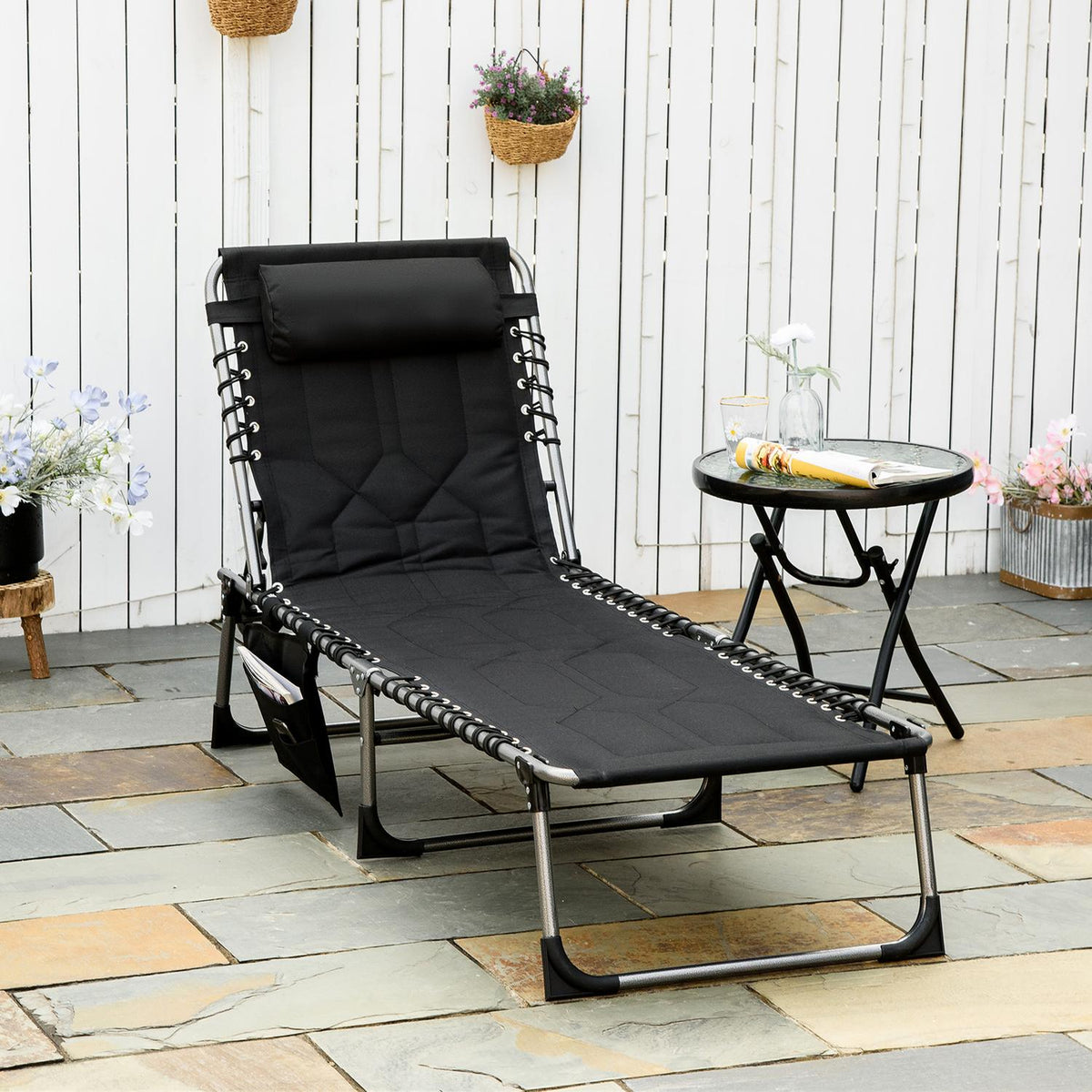 Sun Lounger Foldable Garden Lounger Folding Lounger With Cushion Garden 5 Level Backrest Adjustable Steel Oxford Fabric Black 188 X 57 X 30 Cm