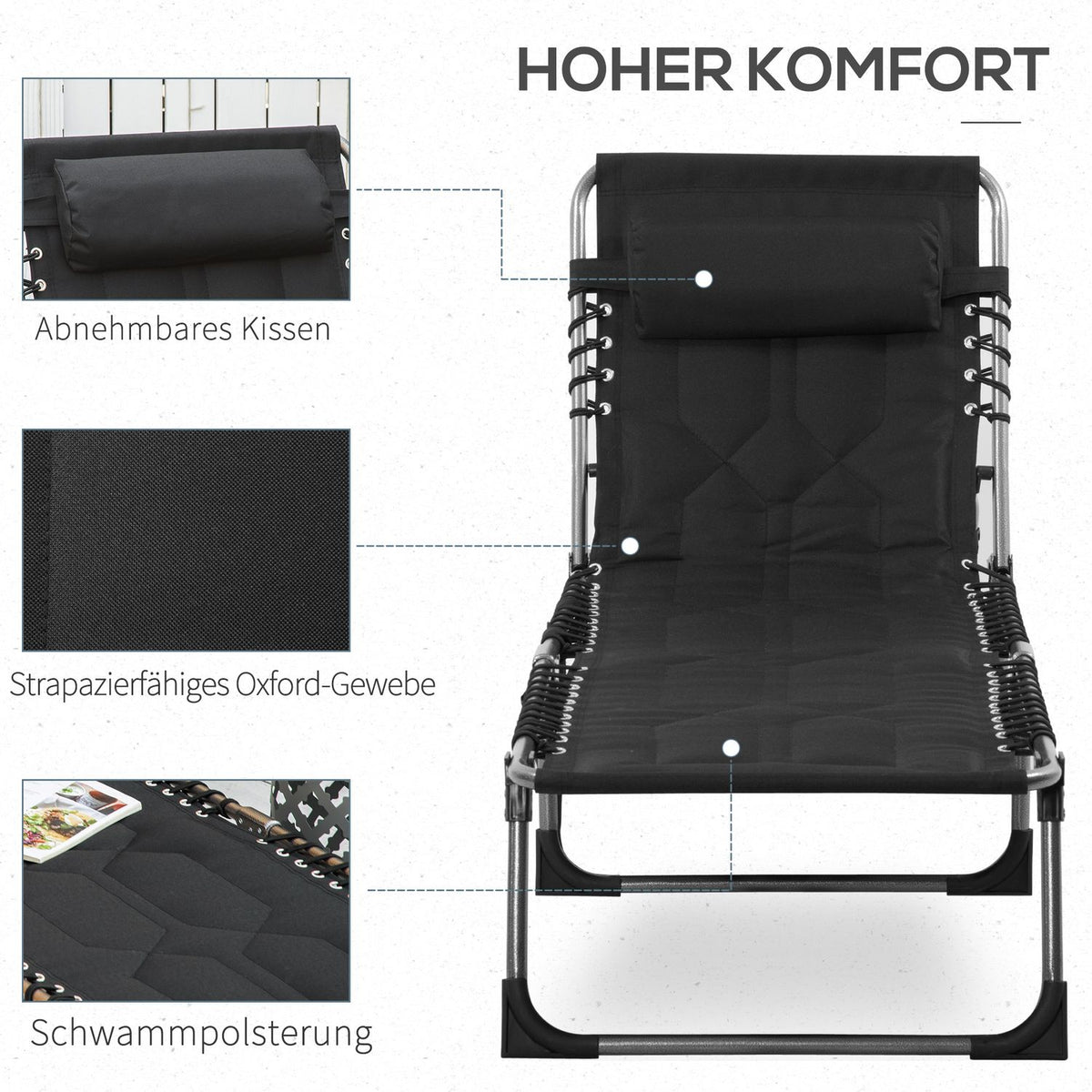 Sun Lounger Foldable Garden Lounger Folding Lounger With Cushion Garden 5 Level Backrest Adjustable Steel Oxford Fabric Black 188 X 57 X 30 Cm
